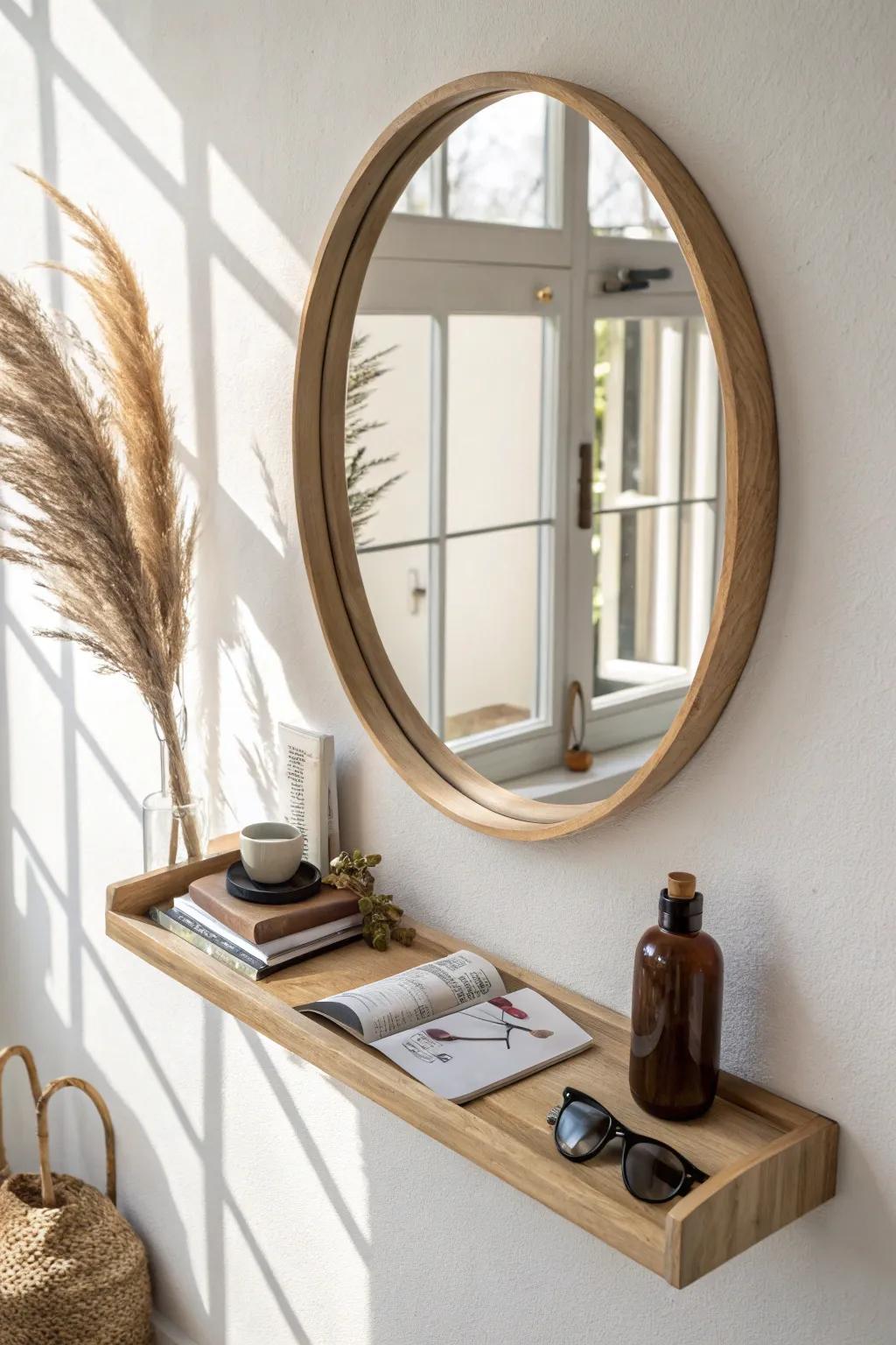 A tiny mirror + catchall shelf nook that keeps your hallway polished and exit-ready.