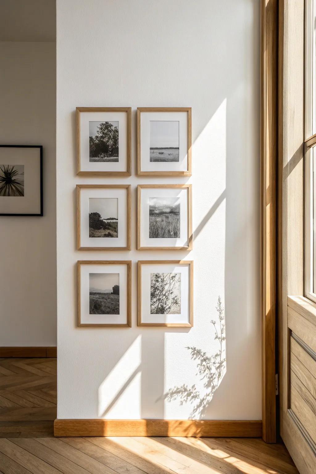 Two-over-two mini photo grids bring rhythm and cozy balance to a long, bright hallway.