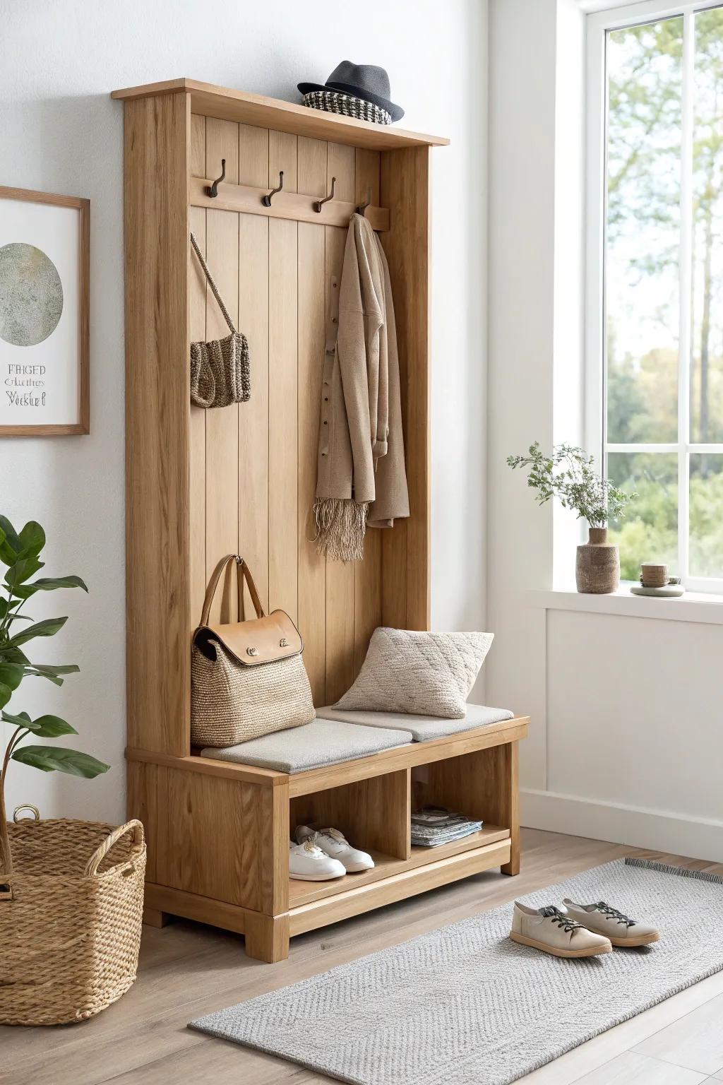 A slim hall tree with bench + lower cubbies turns any tiny hallway into a mini mudroom.