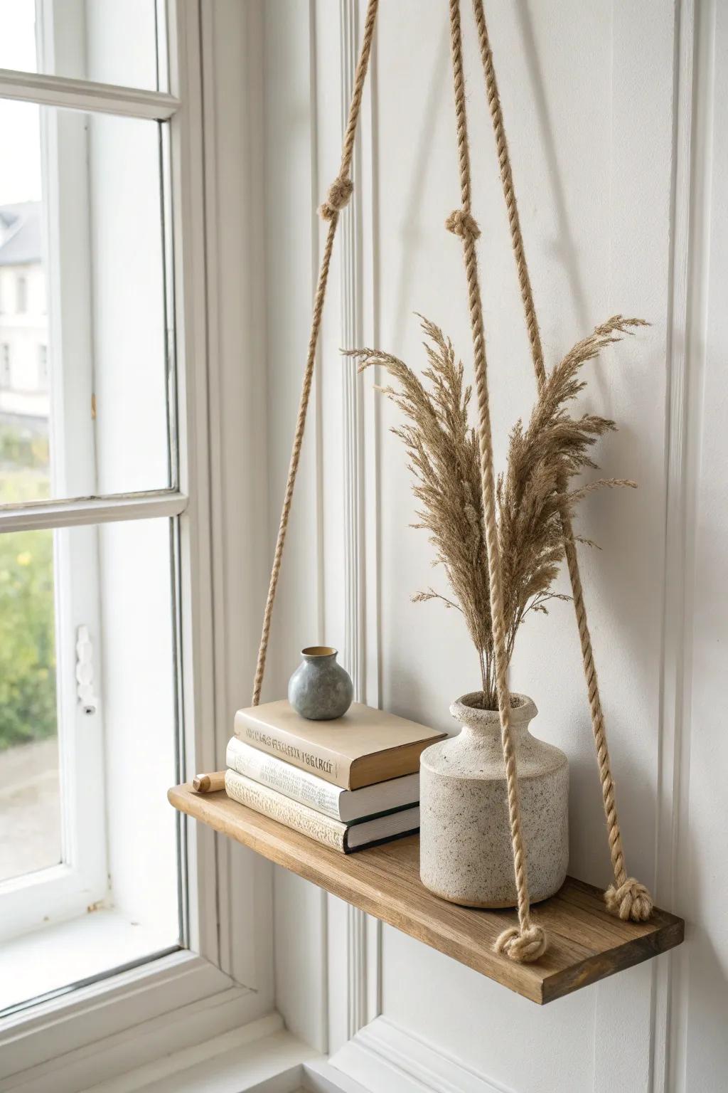 Tiny hanging bookshelf by the door—high, shallow, and beautiful for narrow entryways.
