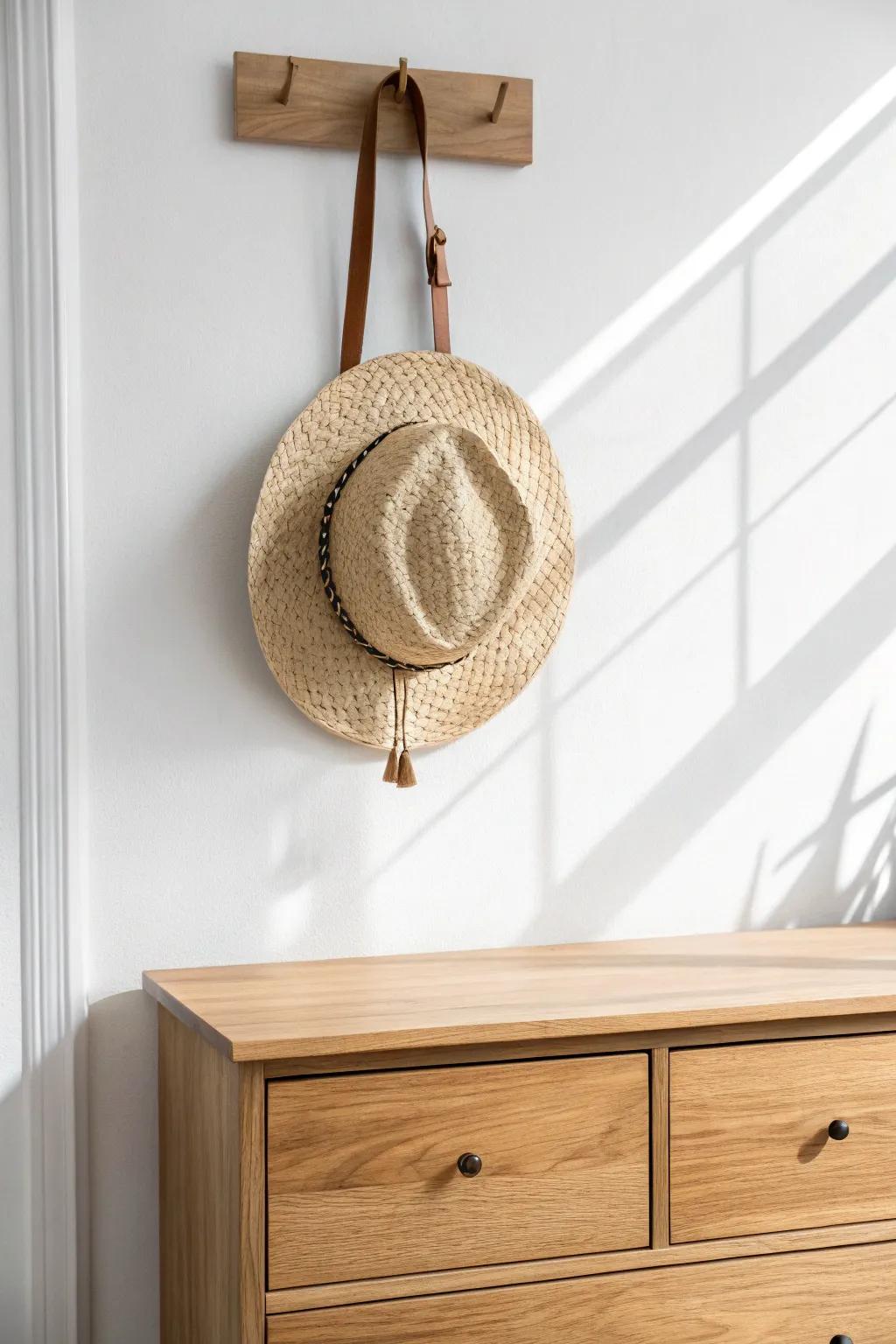 One straw hat above the dresser—neutral, cozy, and styled like minimalist wall art.