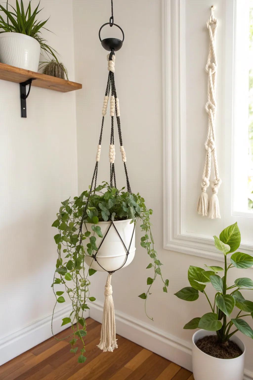 Two hanging plants at staggered heights turn a blank corner into a lush, space-saving feature.