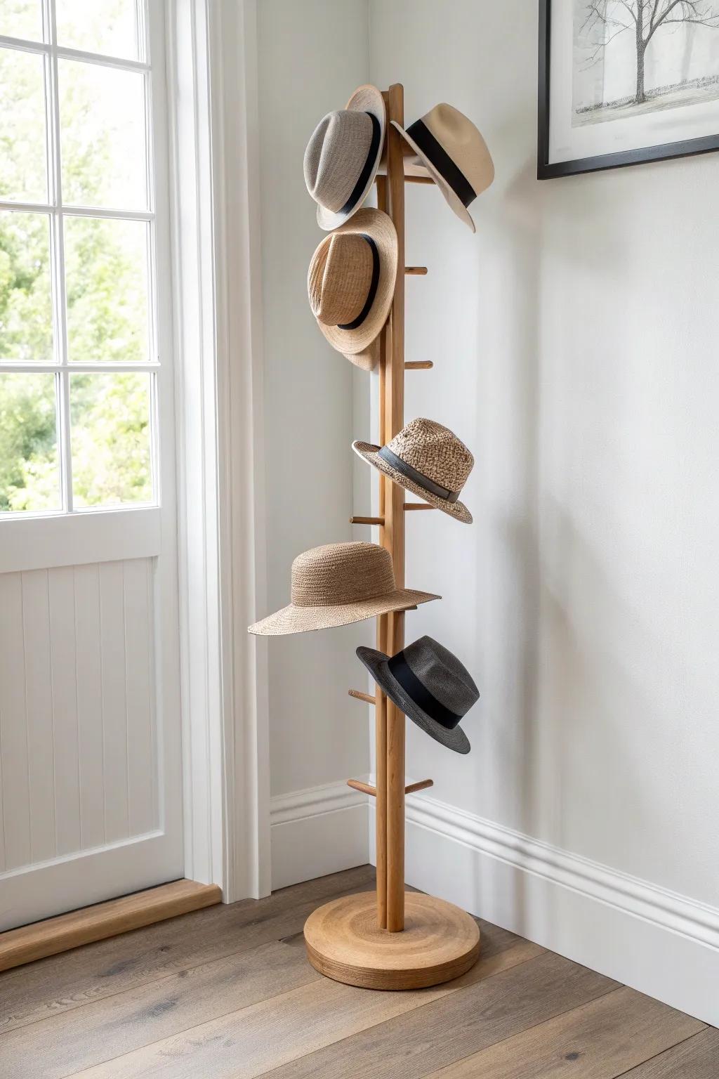 Slim hat tower storage: a tiny footprint that turns an awkward corner into chic vertical space.