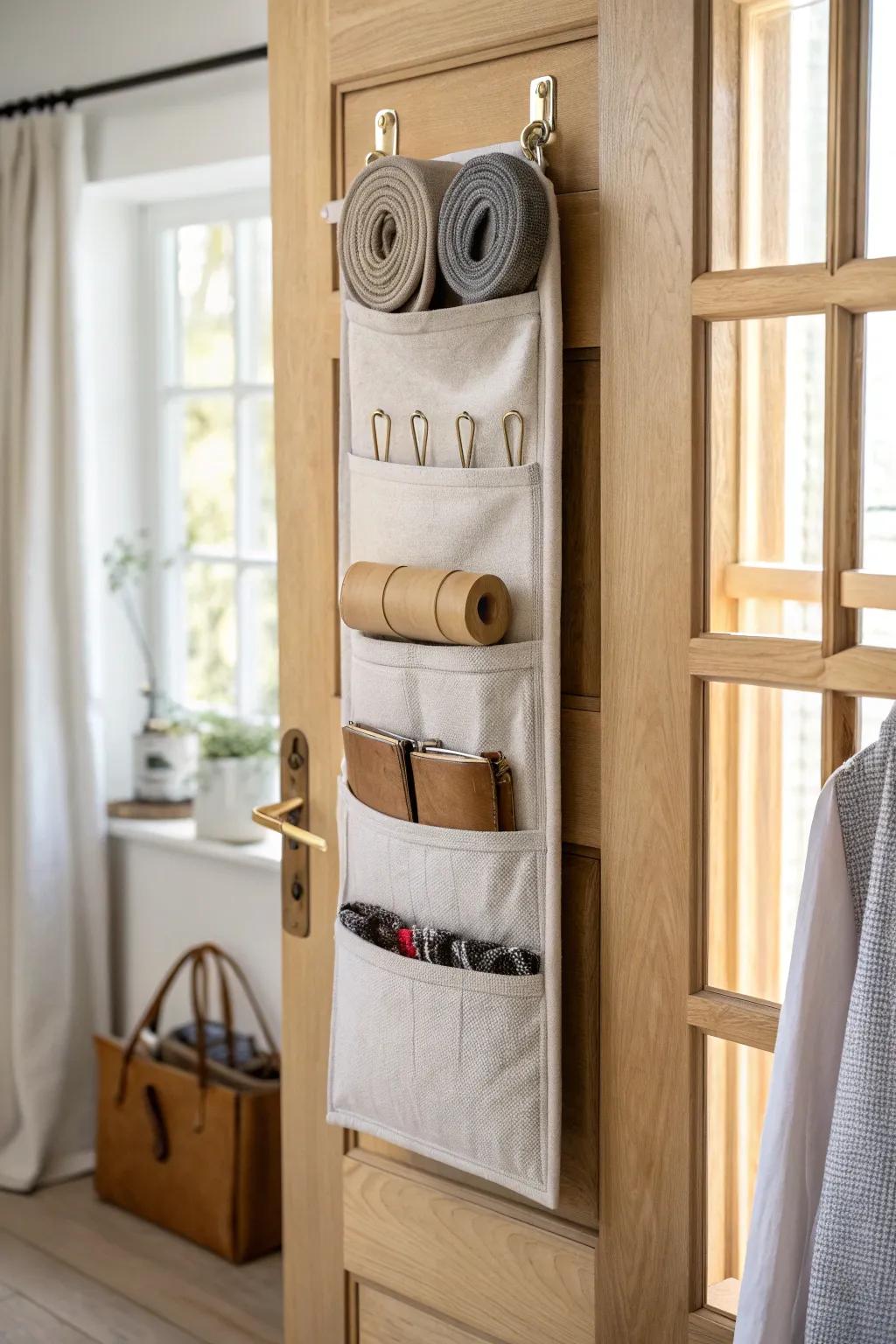 Use the back of your closet door: slim hooks and pockets hide scarves, save space.