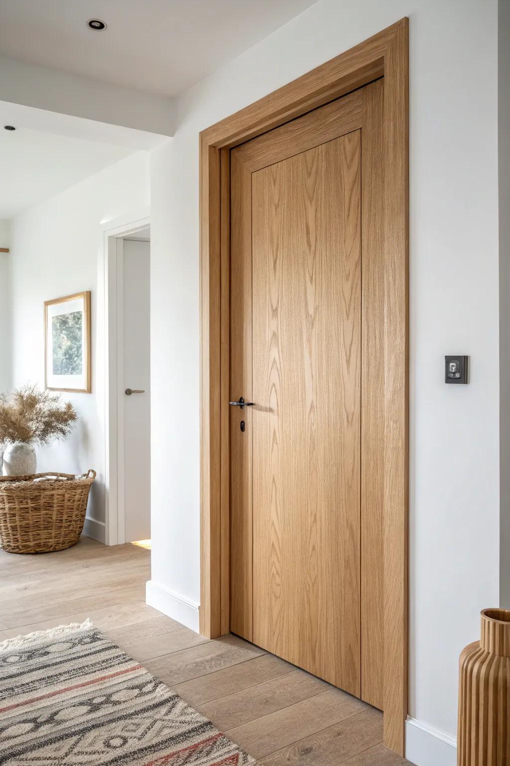 A flush hidden door with invisible hinges—clean lines, warm oak, zero visual clutter.