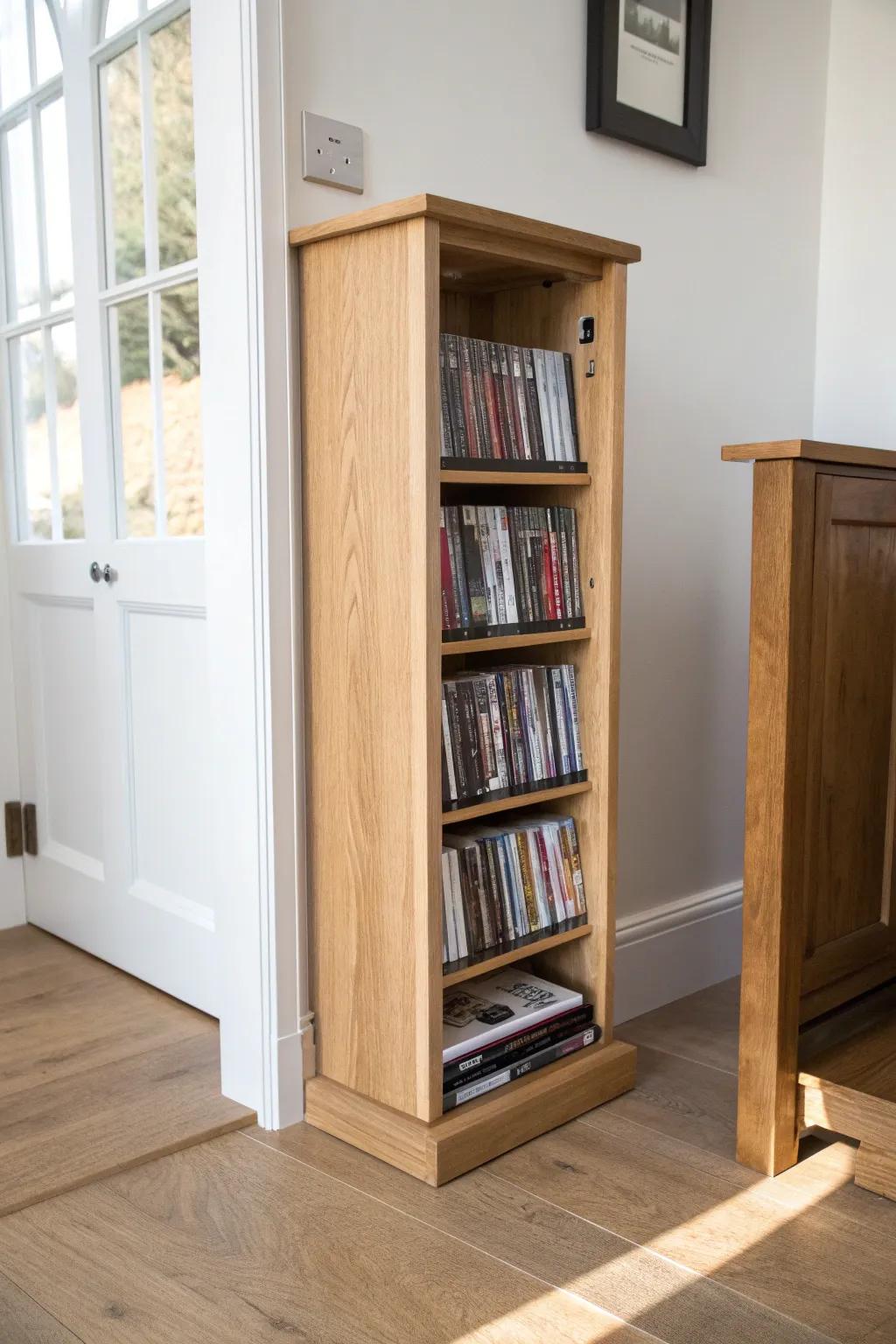 Turn a slim hall cabinet into hidden DVD storage with thin risers—zero wasted depth.
