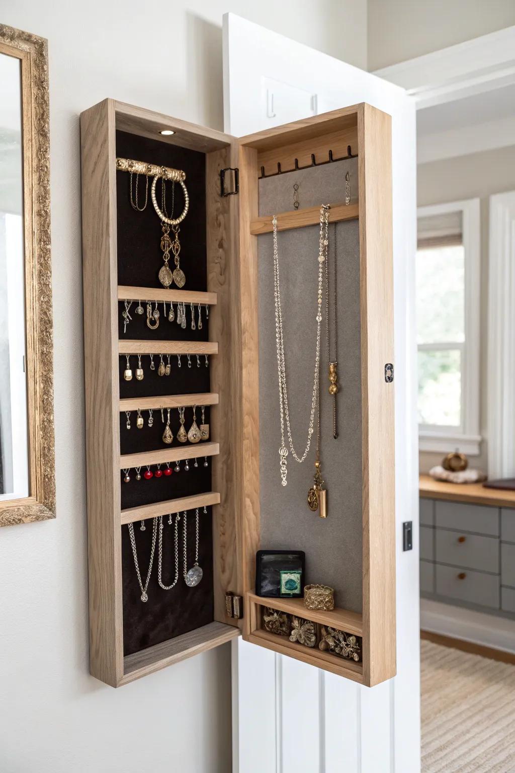 A flush wall nook cabinet between studs keeps jewelry hidden, organized, and beautifully minimal.