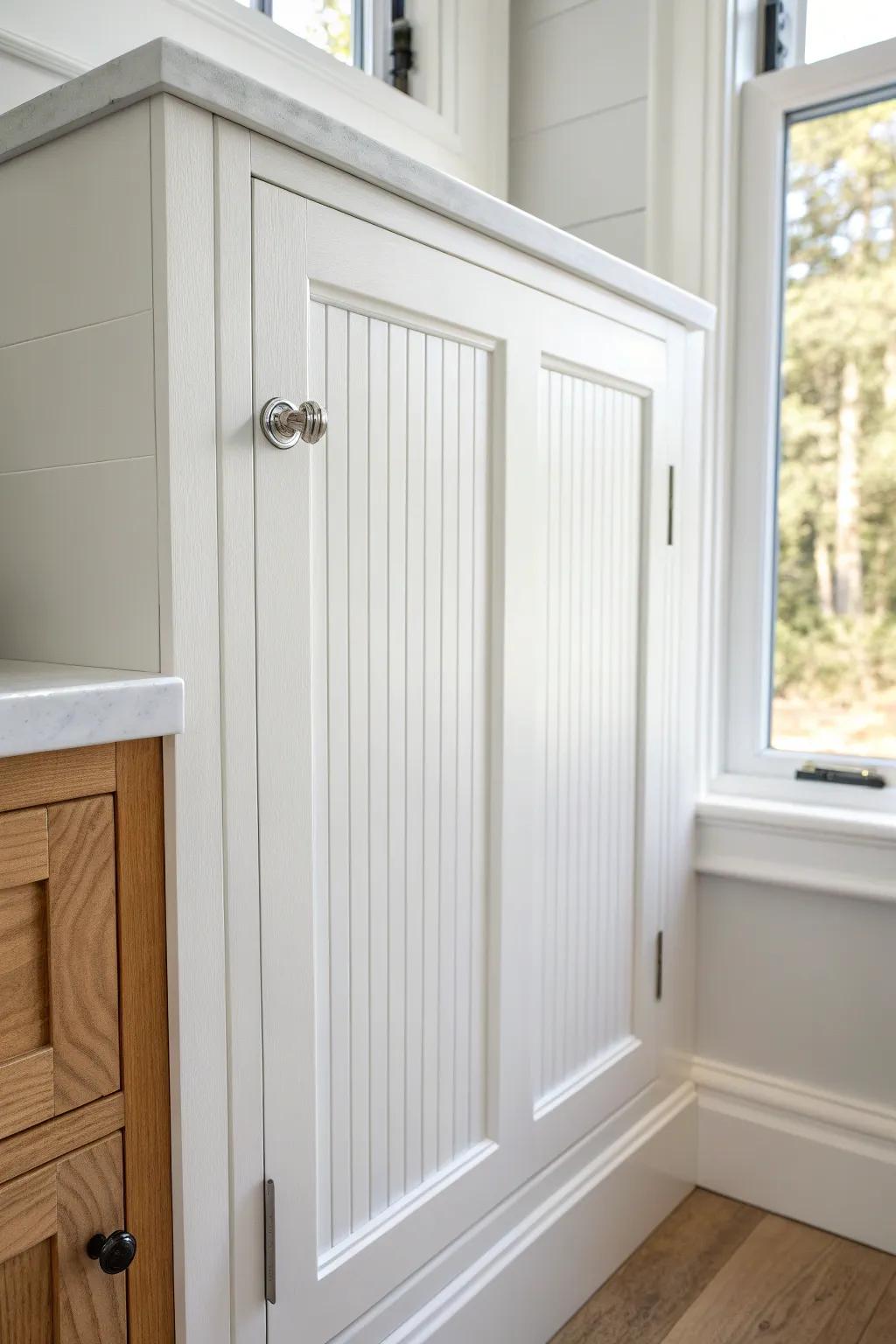 A flush, paint-matched beadboard door that hides a medicine cabinet in plain sight.