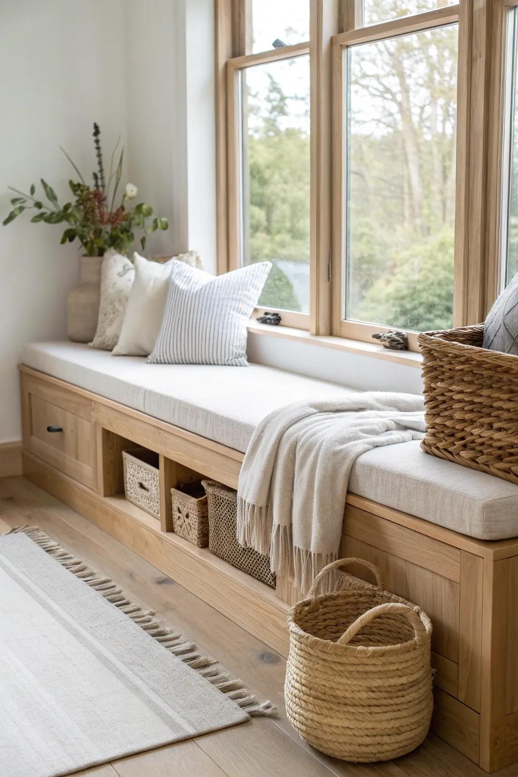 A tidy window seat: lift the cushion to hide train tracks and dress-up gear in seconds.