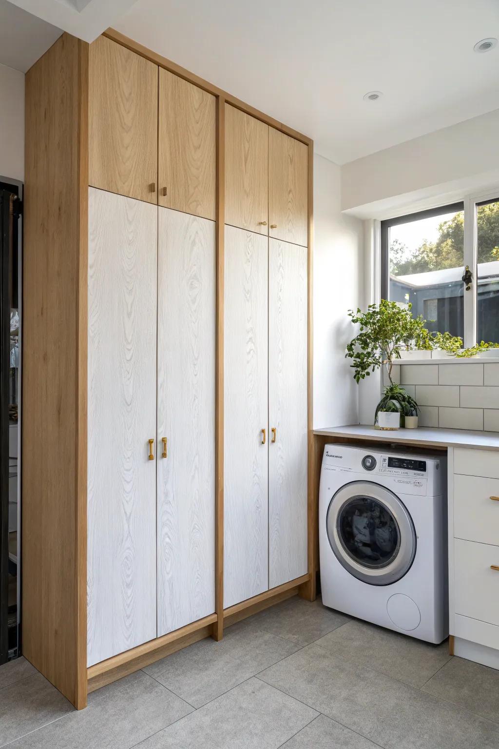 Tall laundry storage doors hide the furnace + water heater and keep detergents beautifully tucked away.