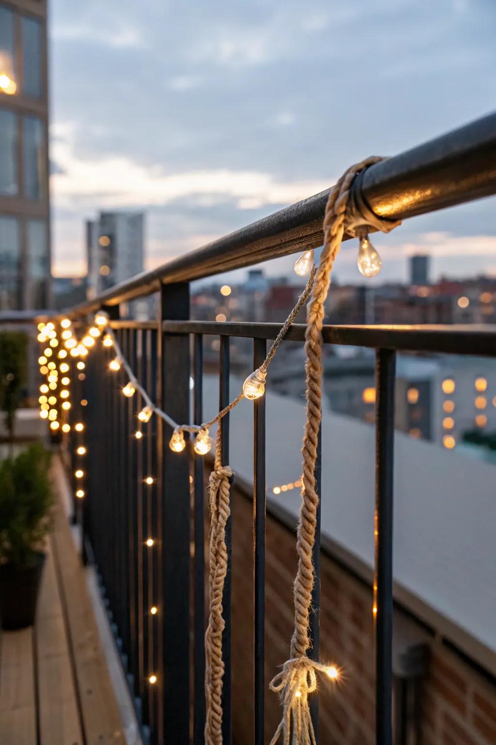 Warm string lights wrapped on a high-rise railing for a cozy glow without using space.