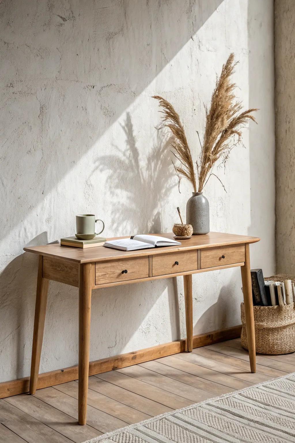 Split-wall layout: a calm oak desk that instantly creates a dedicated office zone.