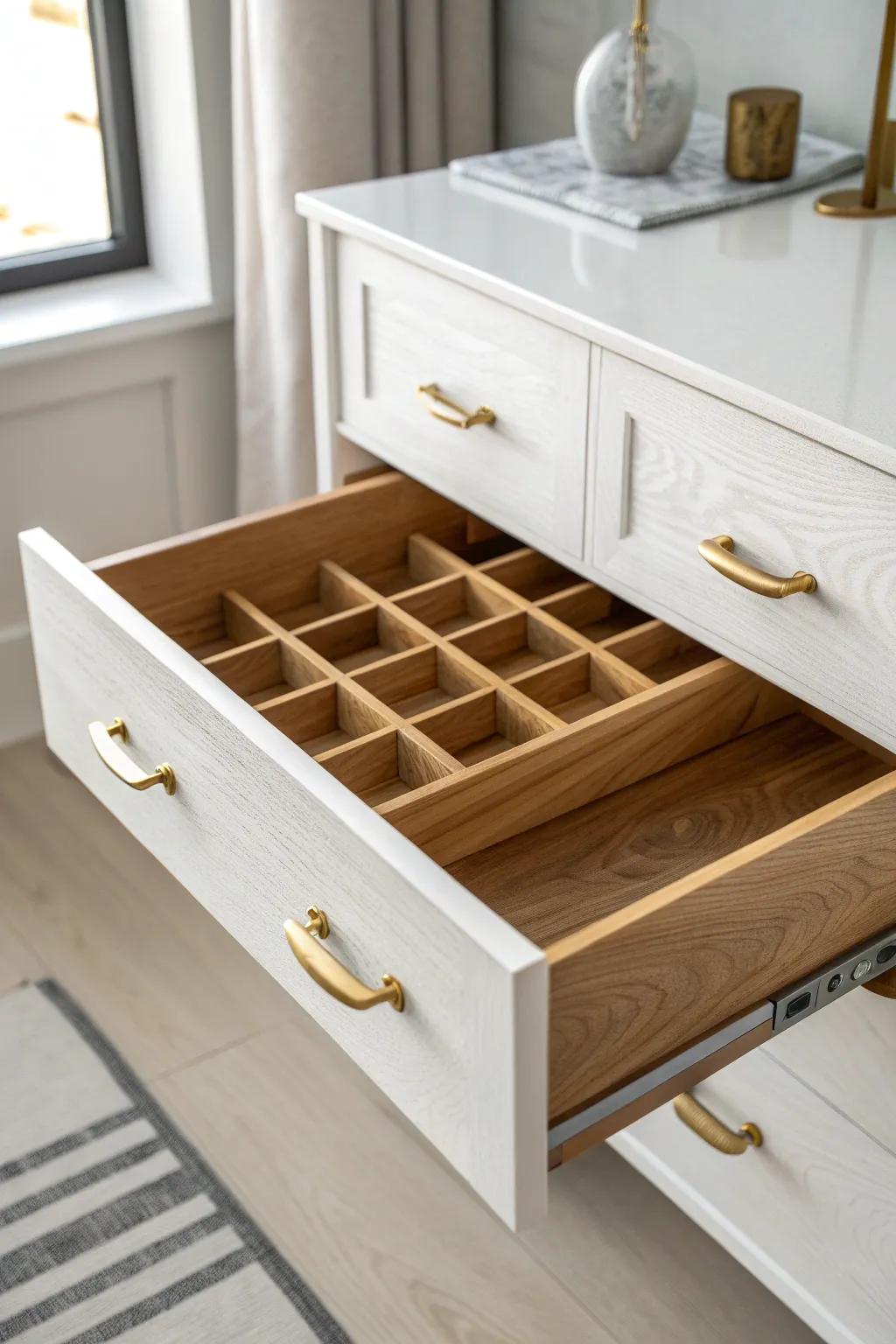 Handcrafted wooden drawer divider = instant order—clear sections so you see what you already own.