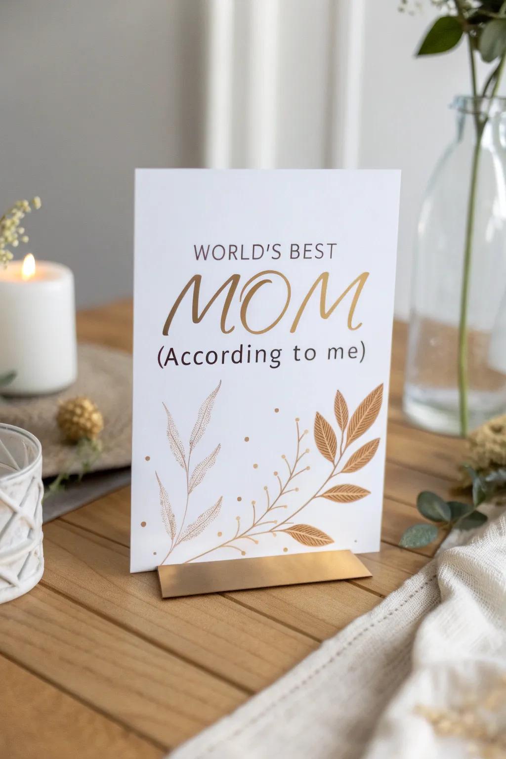 Celebrate your mom's uniqueness with a personalized 'World's Best Mom' award card, crafted with love and simplicity.