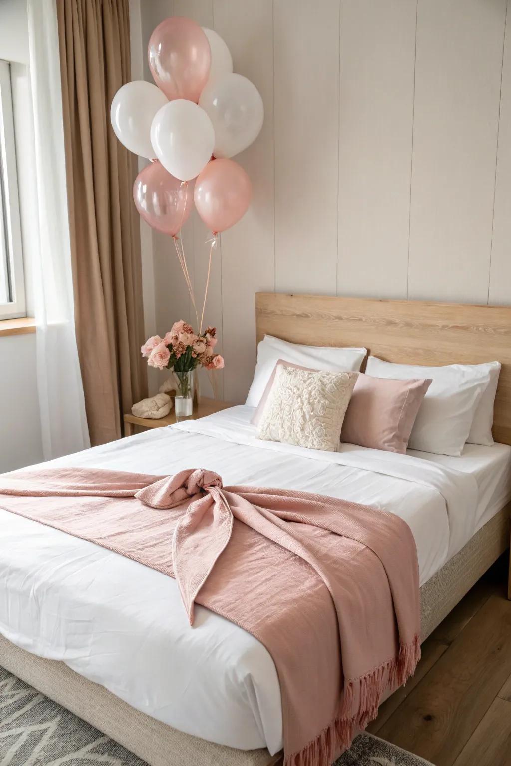 Pink-and-white bed styling makes a tiny hotel room feel instantly birthday-ready and luxe.