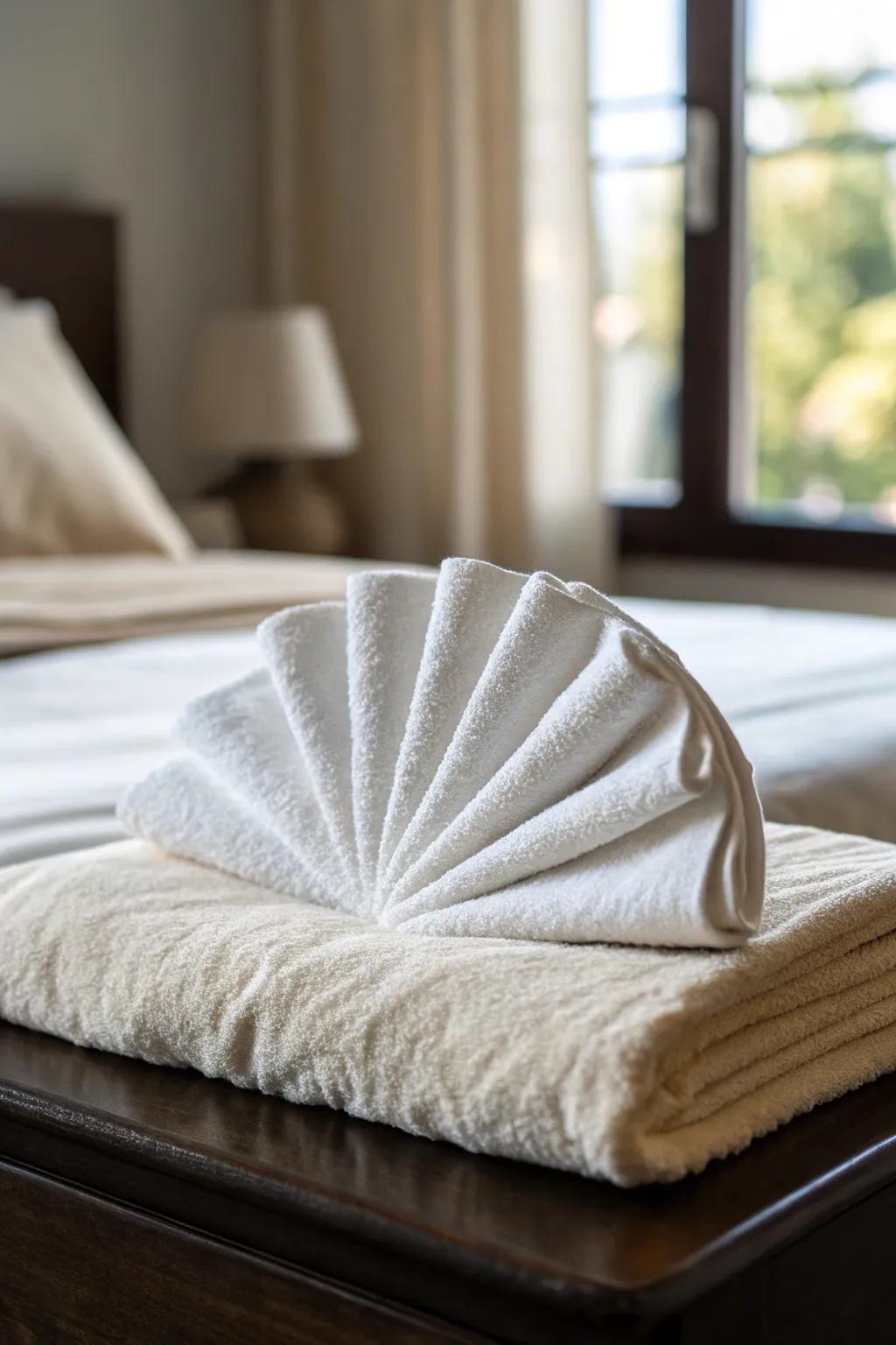 A simple fan-fold towel adds instant boutique-hotel charm—no extra decor needed today.