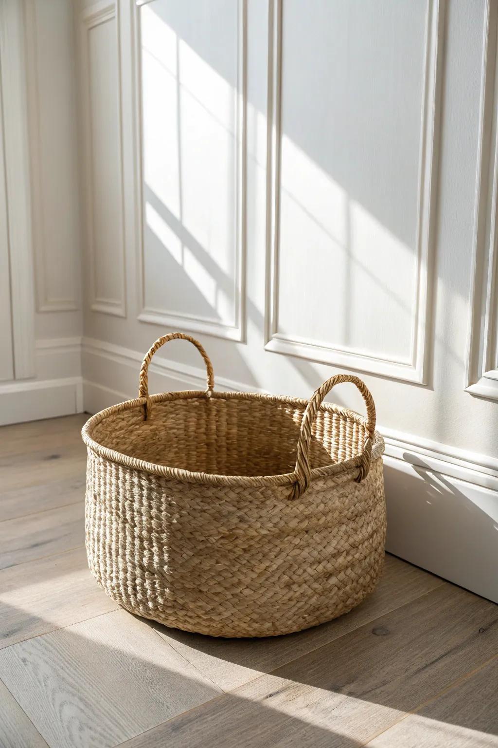 A handwoven seagrass basket adds instant warmth and relaxed texture to a bright sunroom.