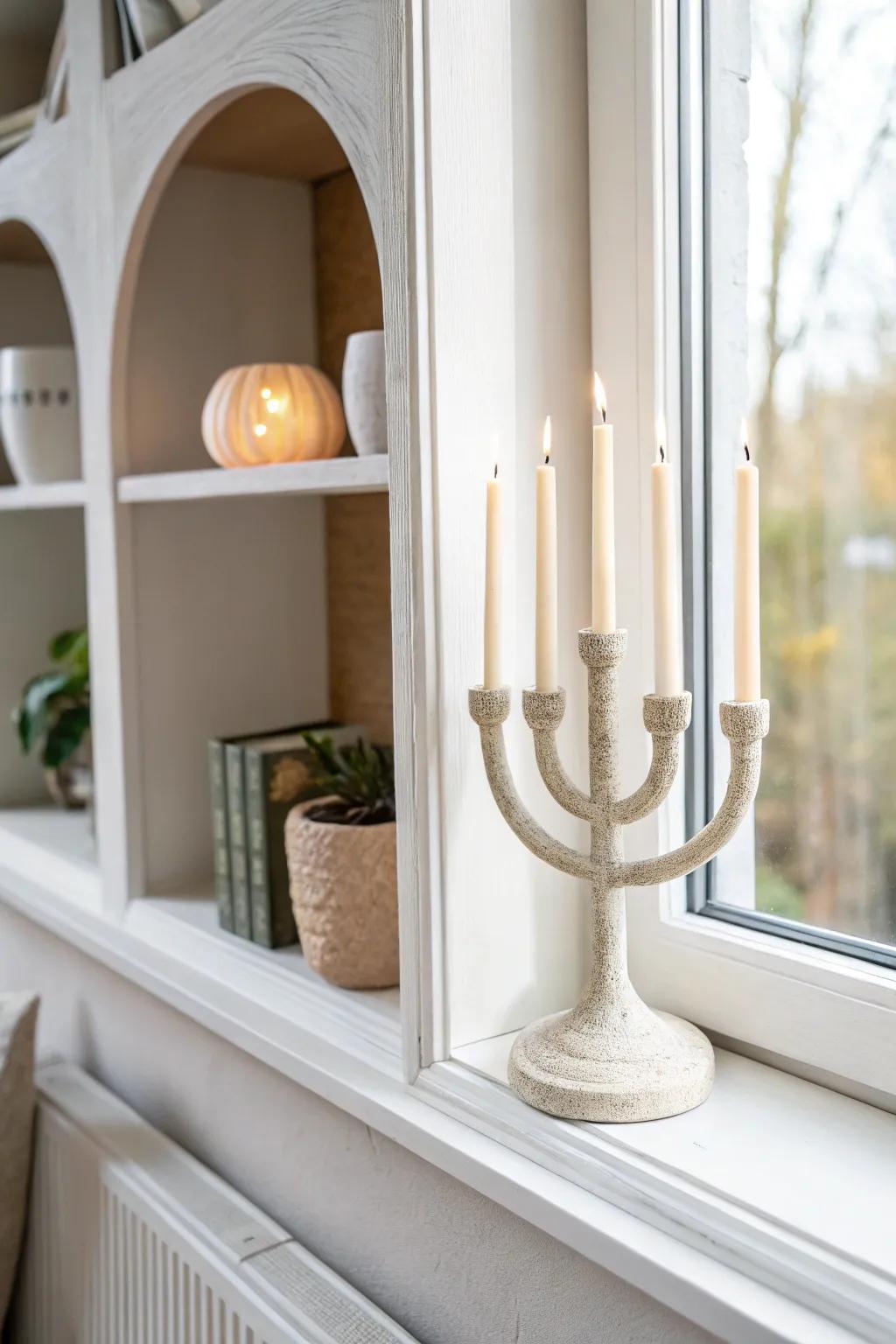 Try a single handcrafted candelabra with three candles—instant styled look on built-in shelves.