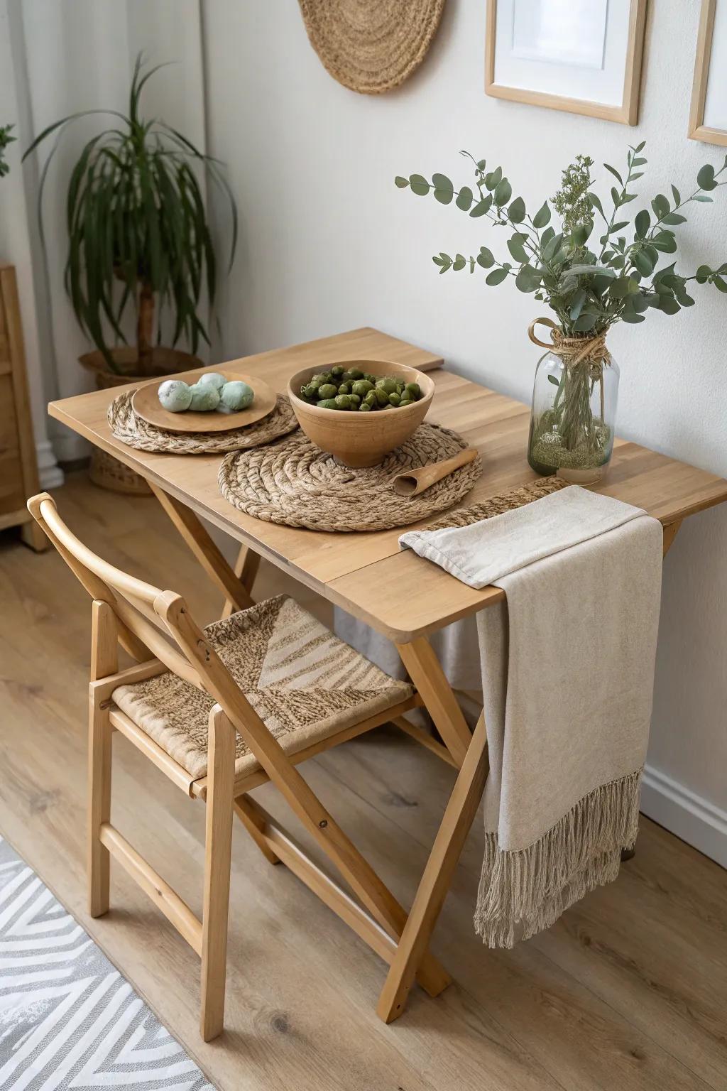 Turn a folding table into a real dining moment with woven placemats, linen runner, and greenery.