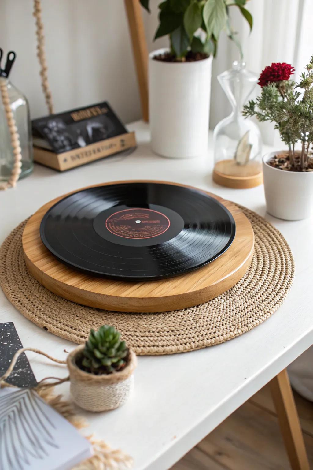 Transform nostalgia into functionality with this charming upcycled vinyl record lazy Susan.