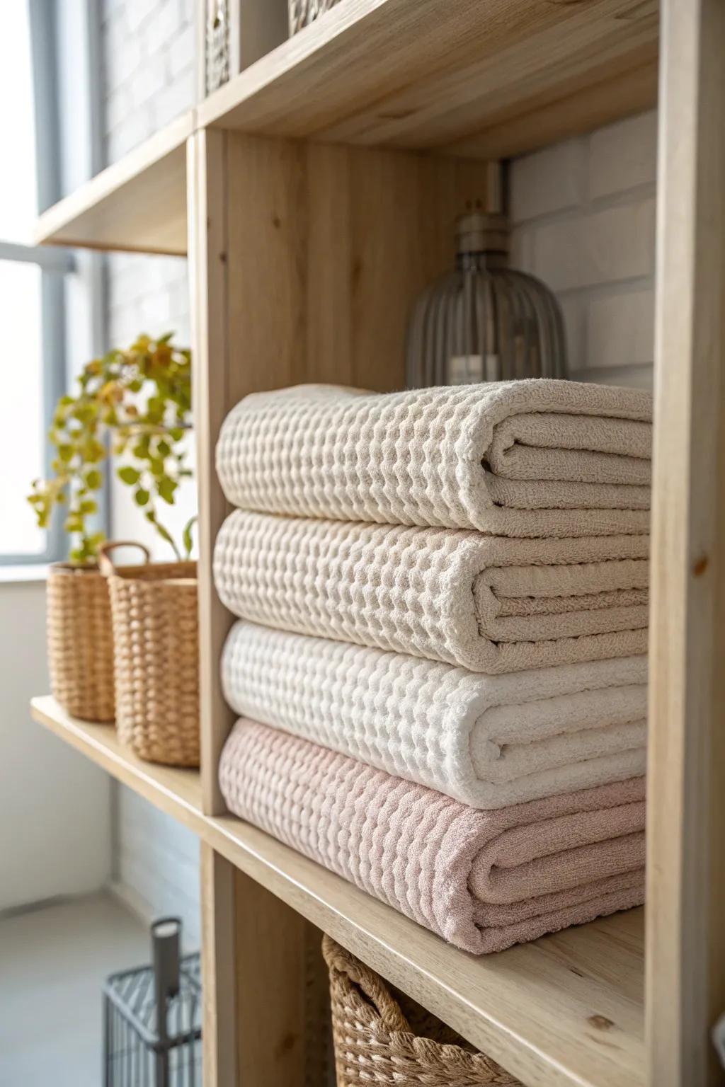 File-fold your towels so each one slides out neatly—no toppling stacks in tiny closets.