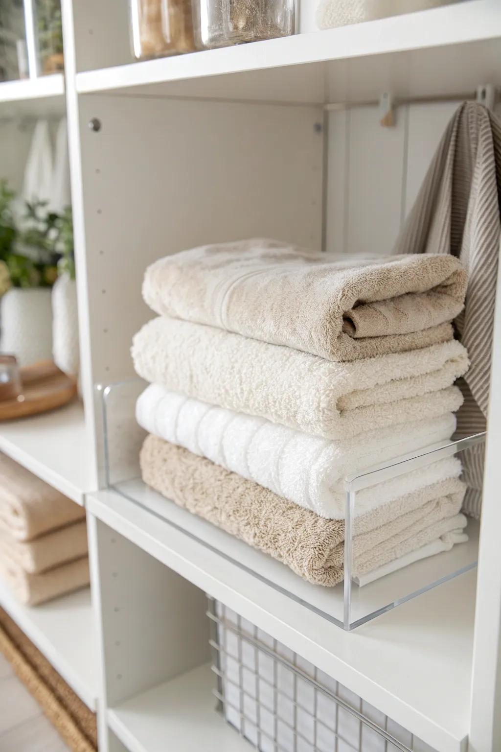 A simple shelf divider keeps towel stacks upright—no more deep-shelf avalanches.