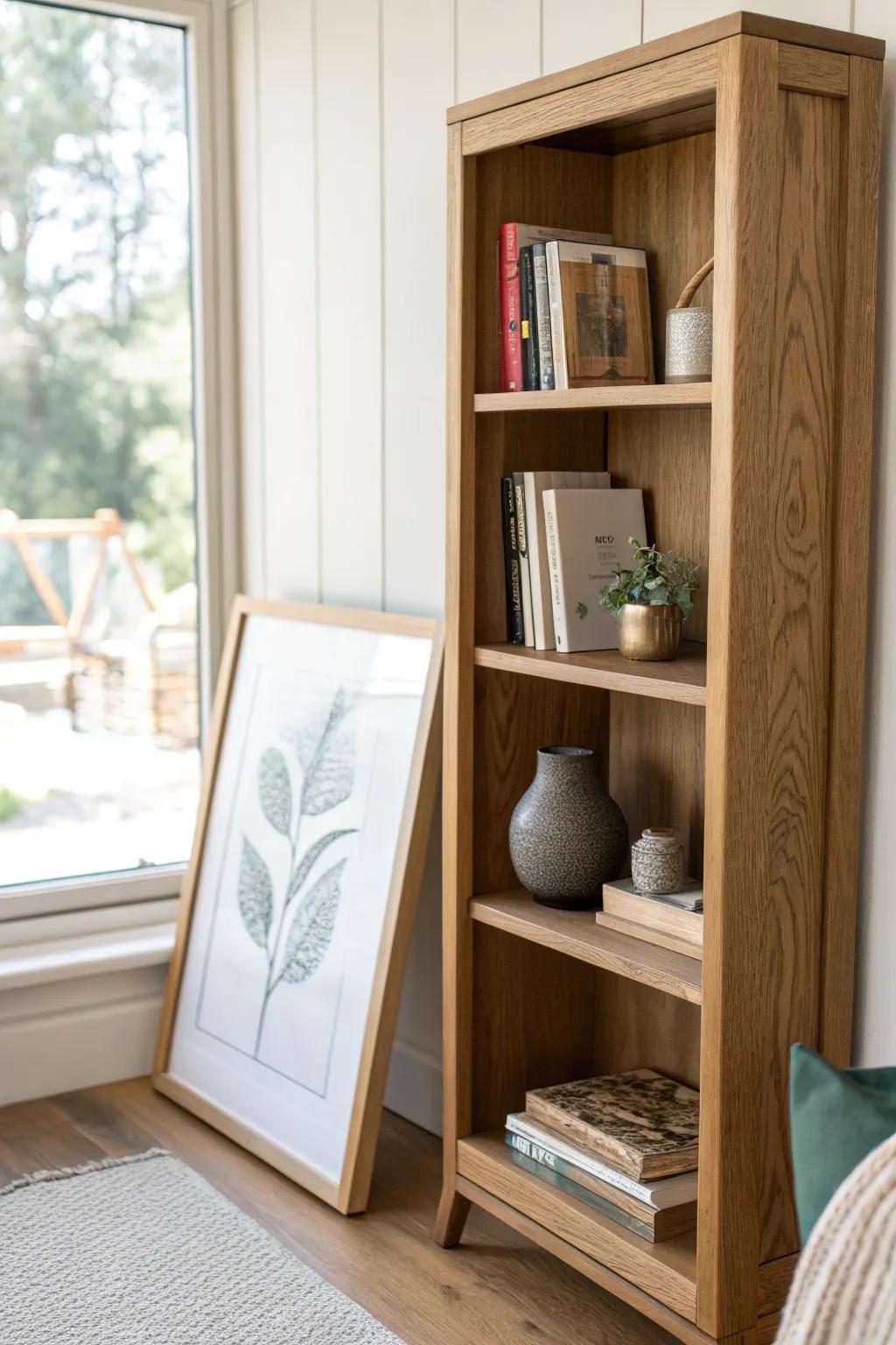 Lean art against the back of your shelf to add instant depth—minimal, airy, and chic.
