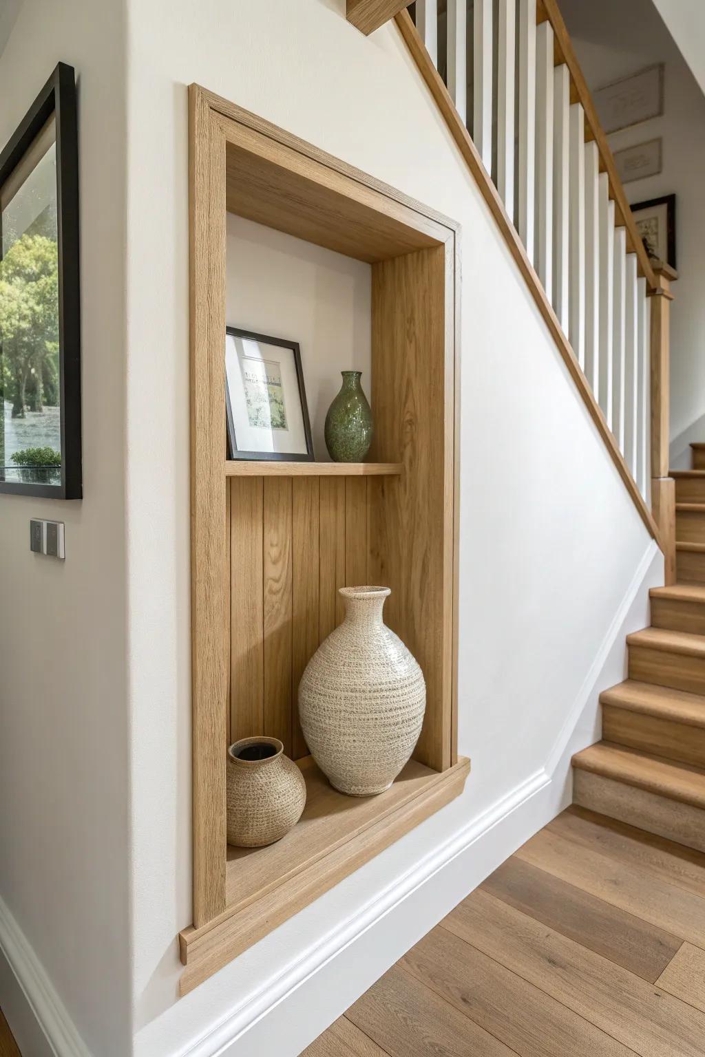 A recessed stud-bay niche above the stairs—flush, minimal, and perfect for pottery.