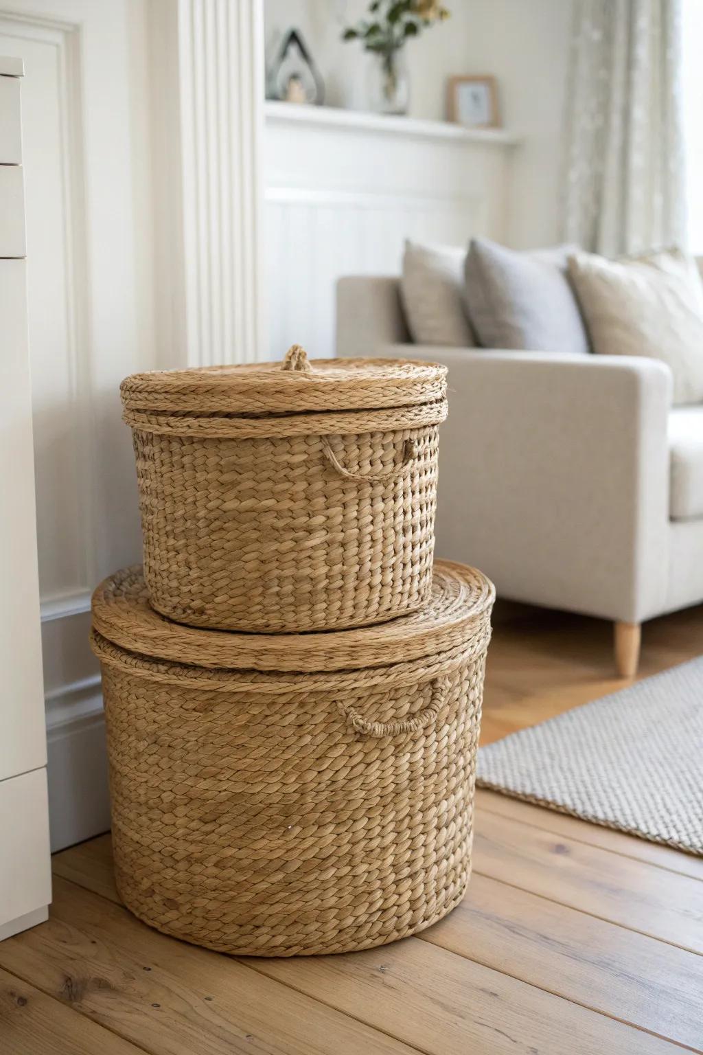 Stacked seagrass baskets turn an empty corner into chic hidden storage—no extra furniture.