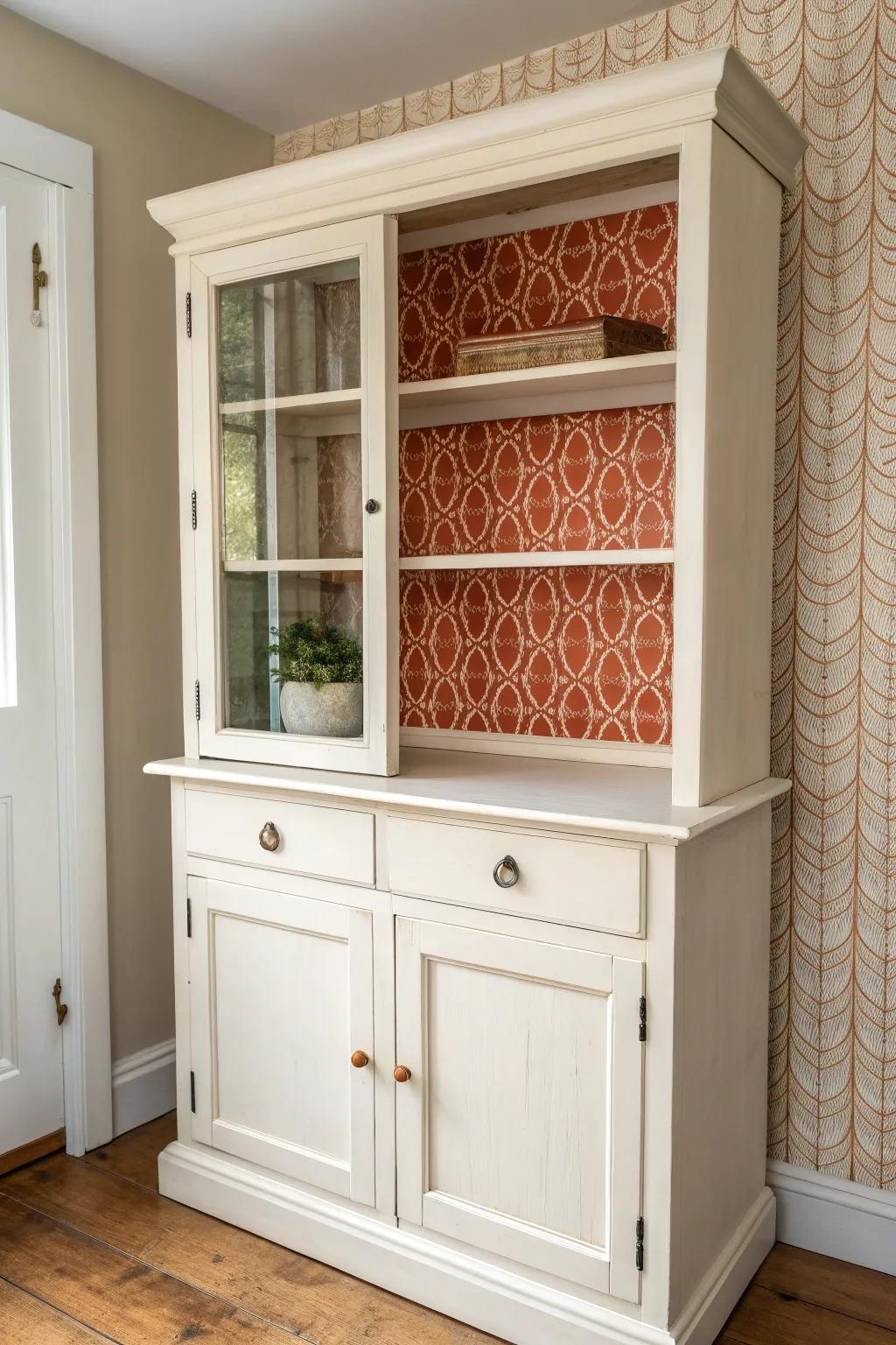 Instant hutch glow-up: peel-and-stick wallpaper on the back panel for designer detail—renter friendly.