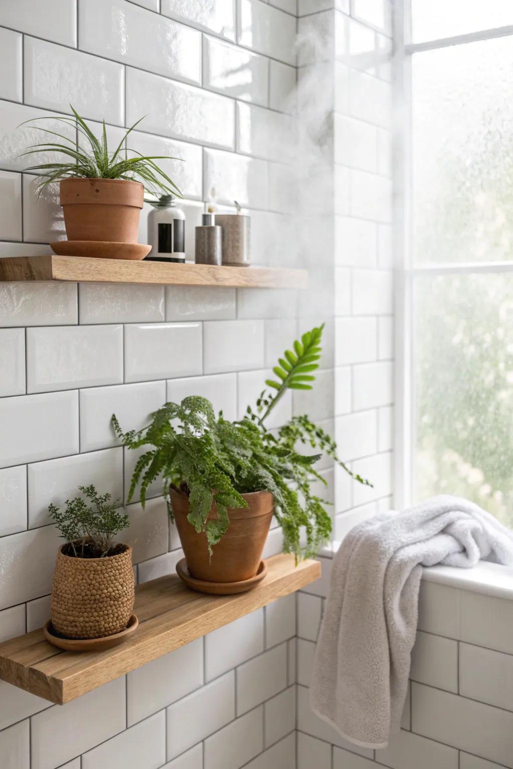 A slim oak bathroom shelf lush with ferns and pothos—tiny-space spa vibes in minutes.