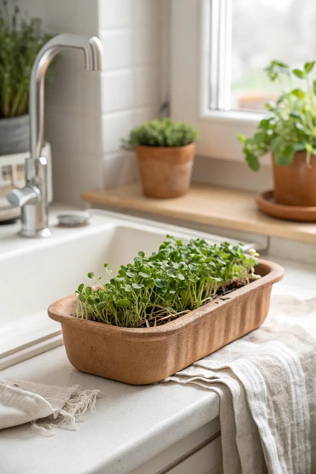 A shallow microgreens tray by the sink—fresh, fast greens for the busiest home gardener.