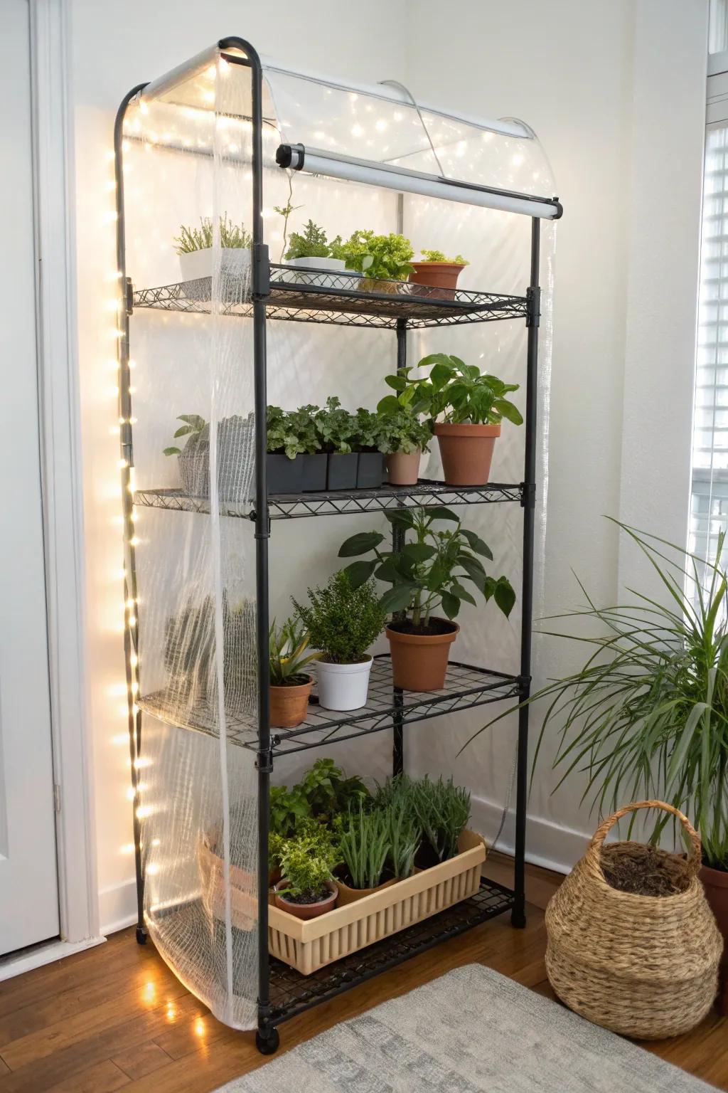 Wire rack greenhouse with zip cover and grow lights—vertical jungle for the tiniest rooms.