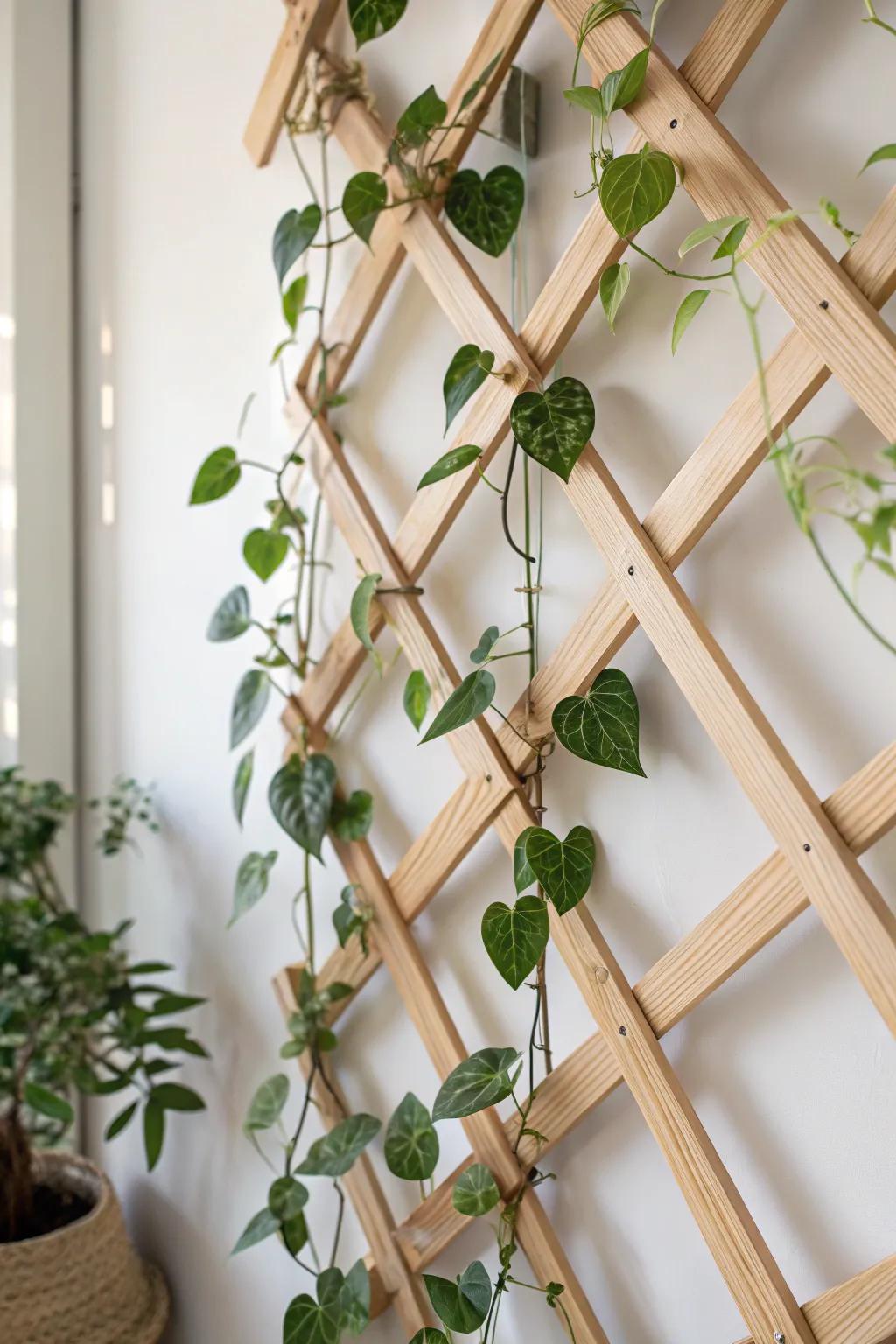 A simple wall trellis turns one trailing vine into a lush, space-saving statement.