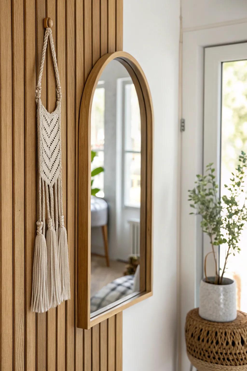 A slim arched mirror on warm oak slats turns a narrow hallway into a calm, cozy moment.