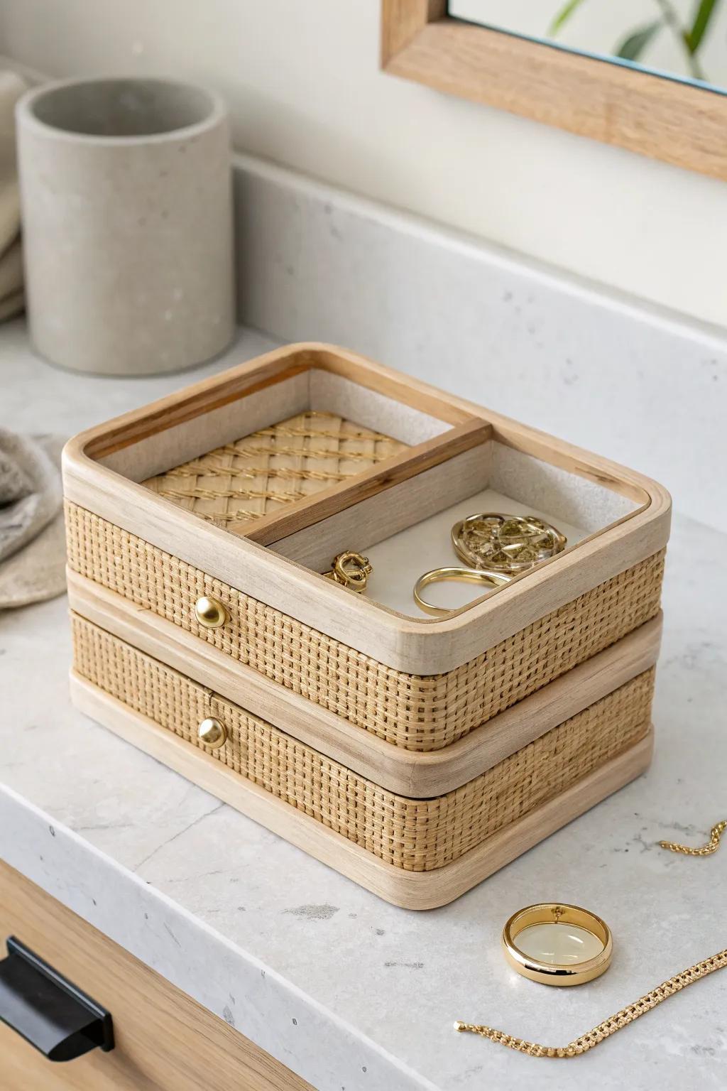 A slim stacked jewelry box basket that saves counter space and looks effortlessly chic.