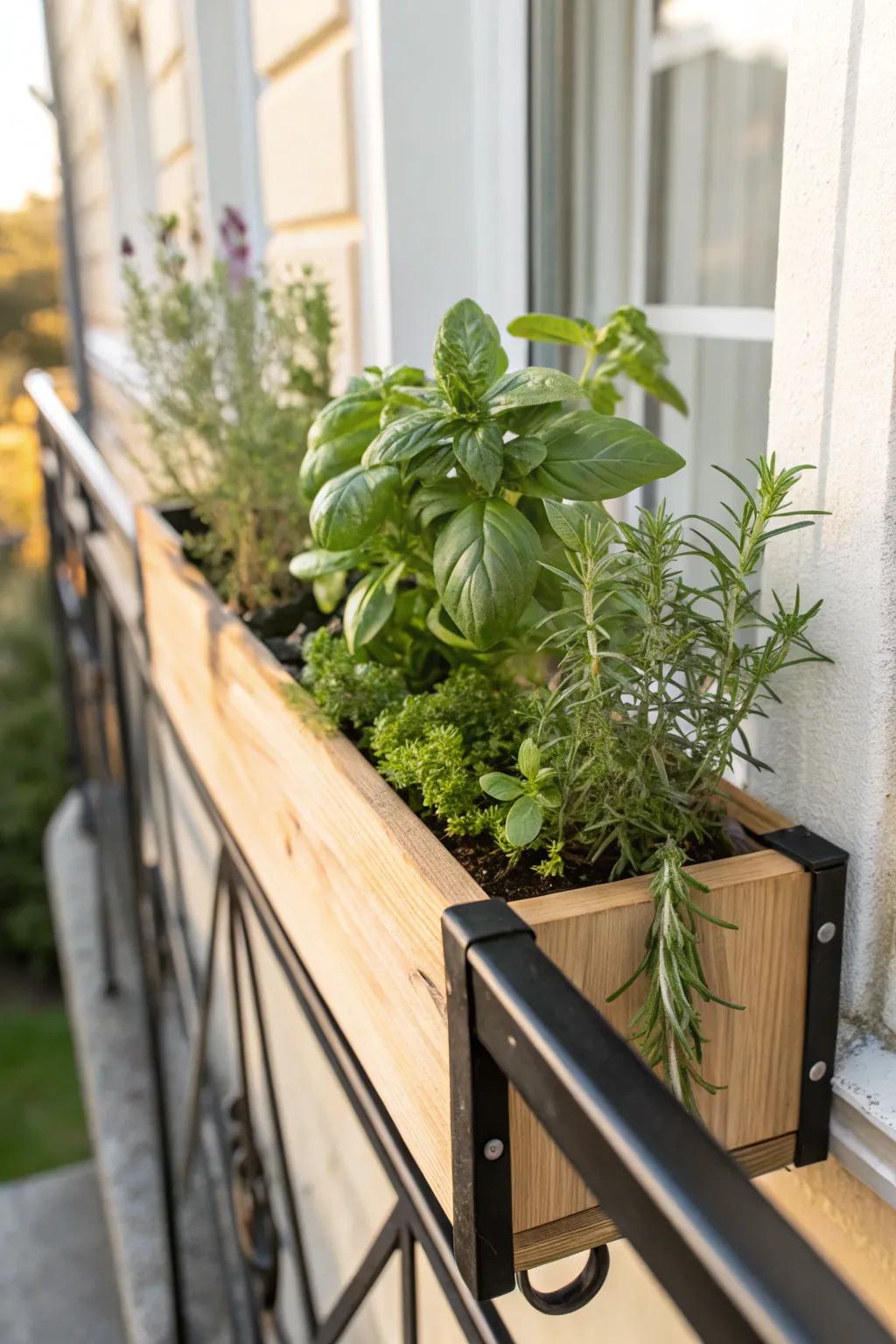 A railing herb planter makes your Juliet balcony a tiny kitchen garden—fresh snips anytime.