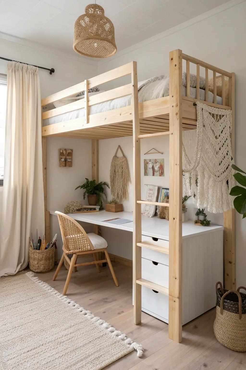 A loft bed work zone creates a cozy “base” for play and homework—without losing floor space.