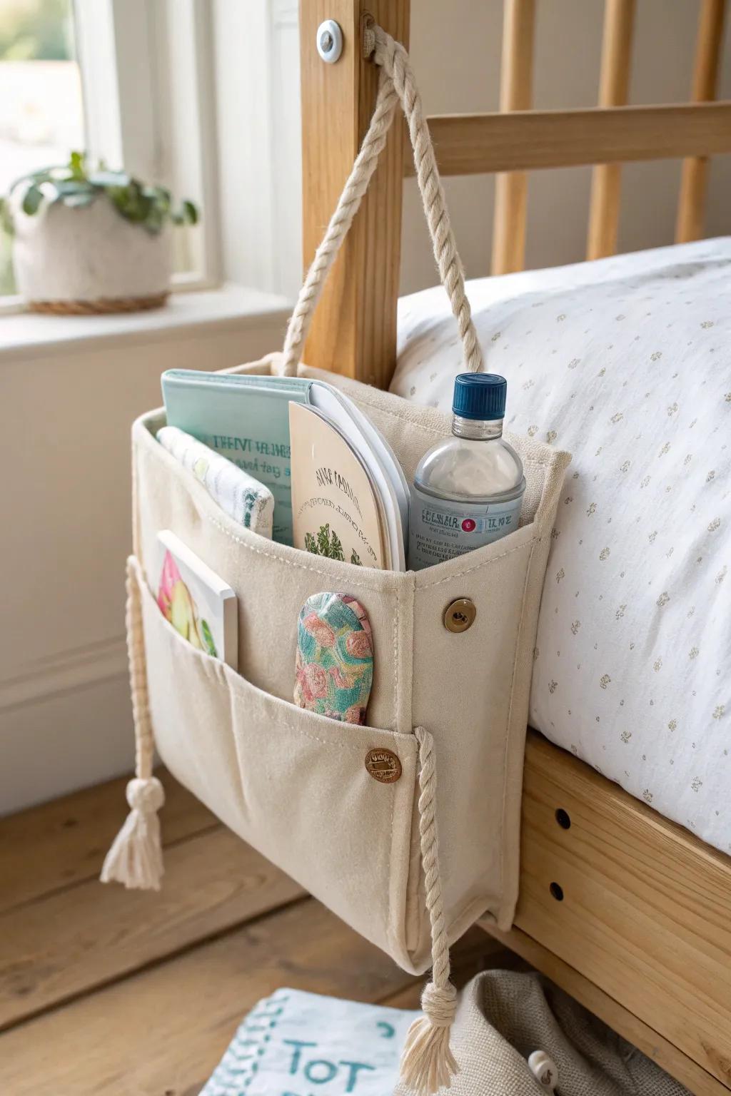 A bedside caddy keeps bedtime essentials tidy—perfect when there’s no room for a nightstand.