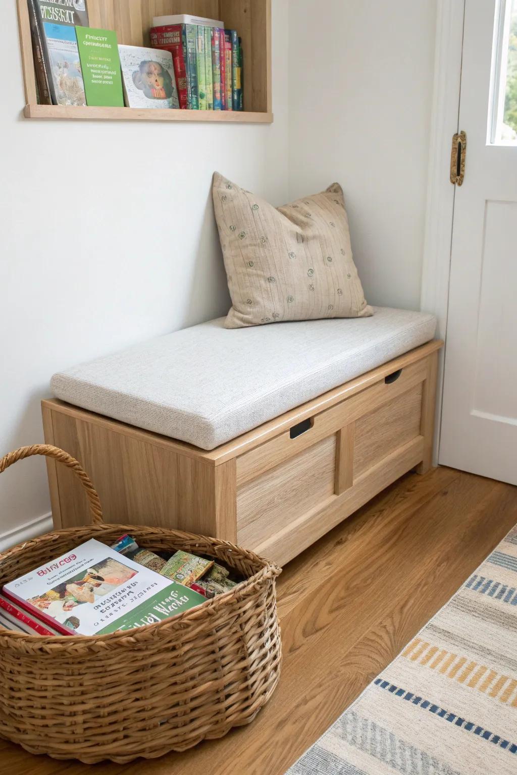 A slim reading bench that hides a whole library—perfect for small kids’ rooms and cozy nooks.