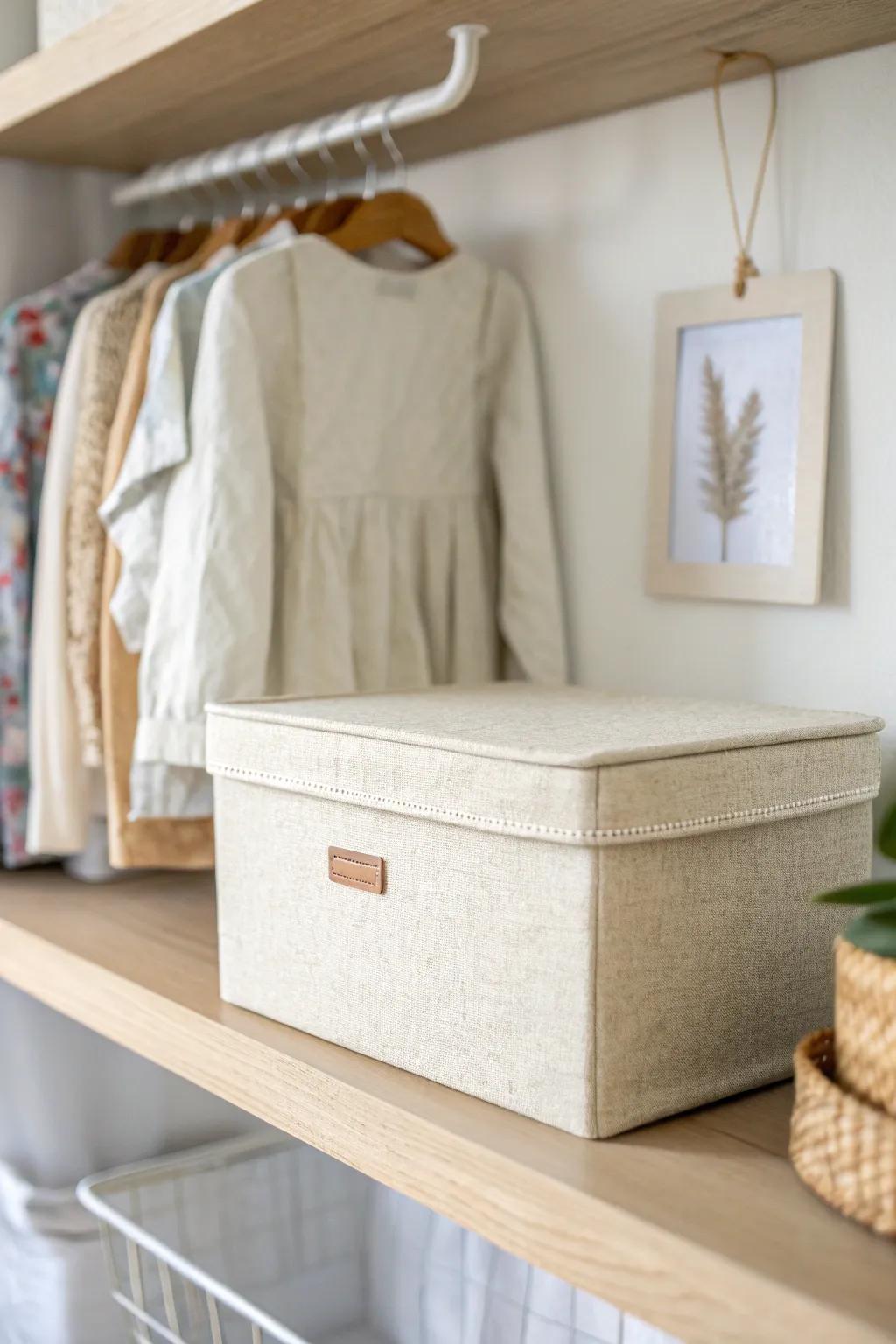 A lidded linen box on the top shelf stores spare bedding neatly and keeps dust away.