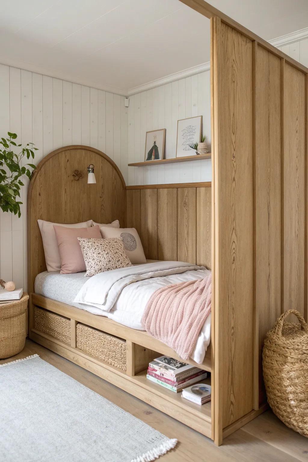 A half wall headboard divider creates privacy and doubles as a ledge for bedside storage.