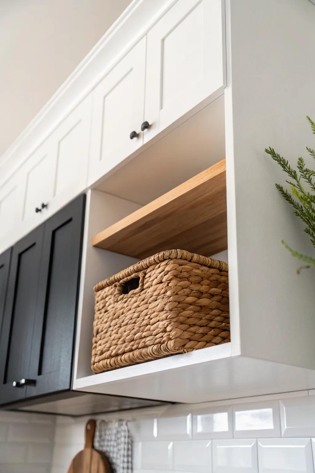 Open shelf box above cabinets—rental-friendly ceiling-gap fix that looks finished and hides baskets.