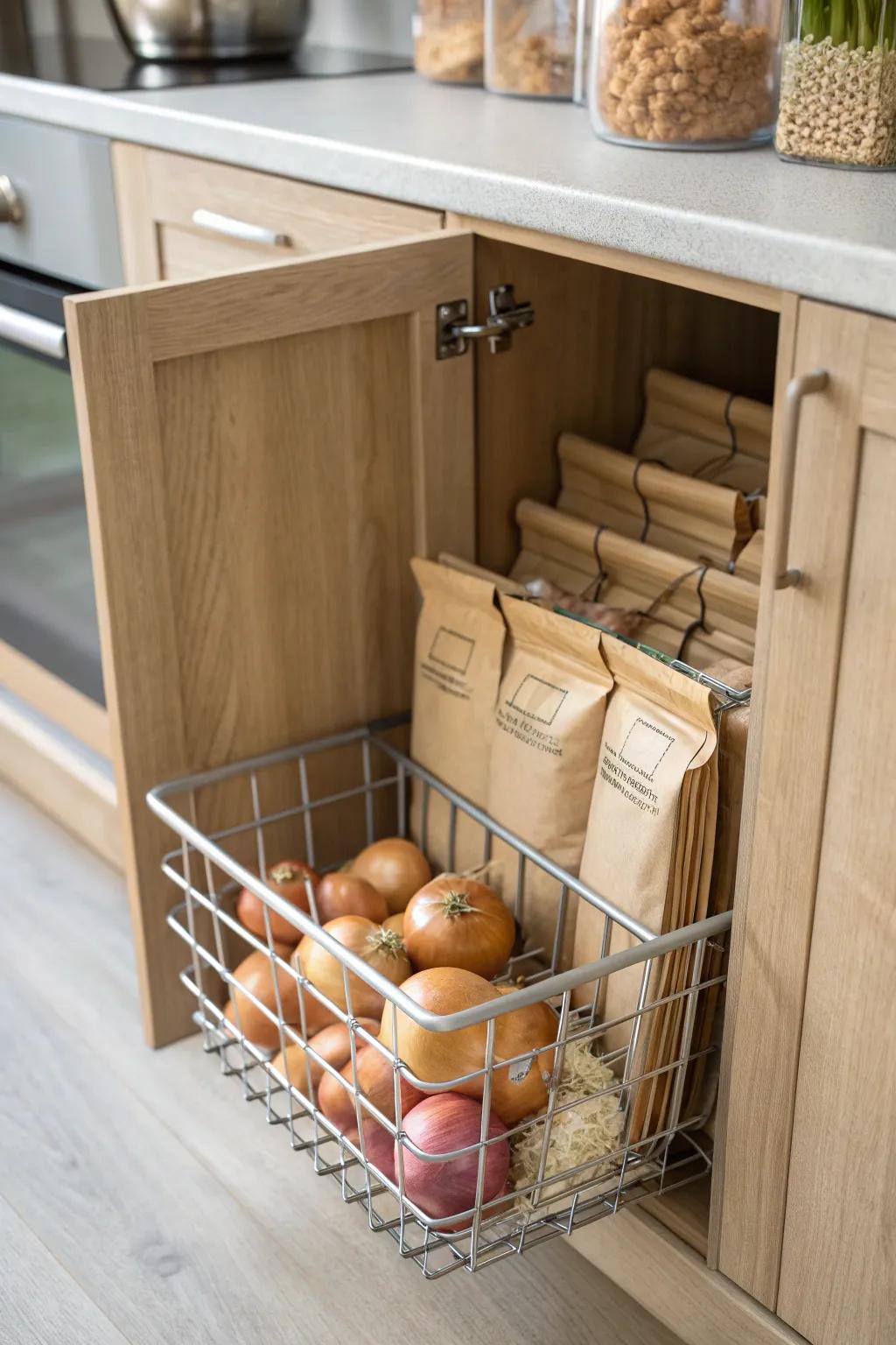 A pull-out basket turns your kitchen closet into a drawer—no more digging for onions or snacks.