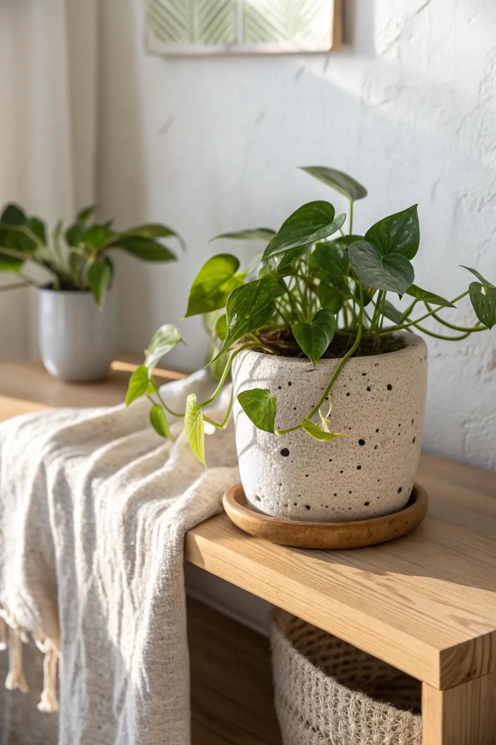 One tiny potted plant softens a kitchen corner and instantly makes it feel welcoming.