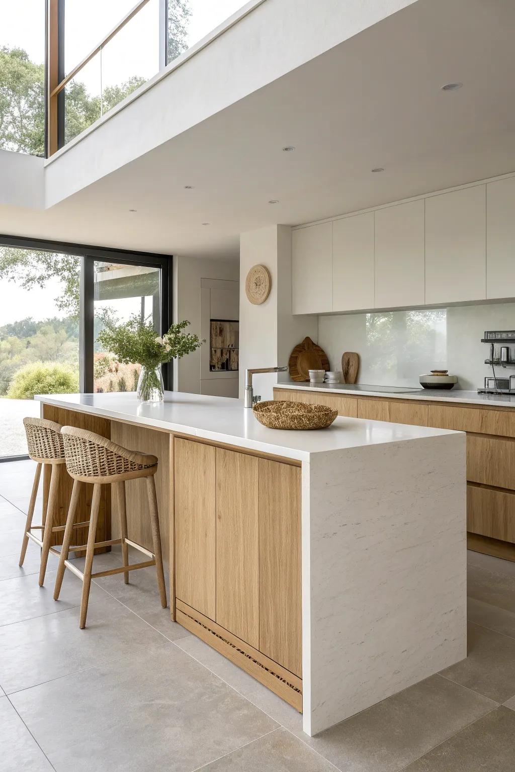 A sleek cantilevered overhang adds stool space without crowding—minimal, airy, and chic.