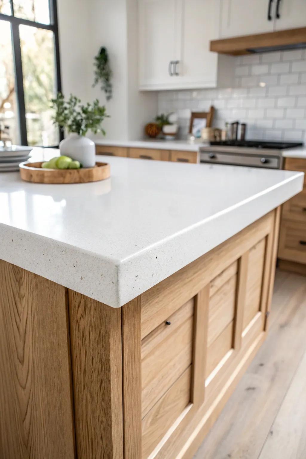 Cantilevered island overhang adds sleek extra space while keeping stools neatly tucked away.