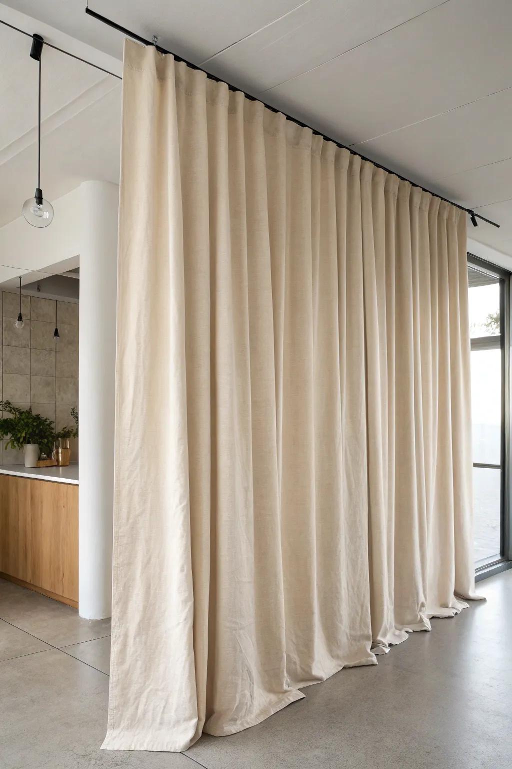 A ceiling-mounted linen curtain softly divides kitchen and living space—cozy, renter-friendly style.