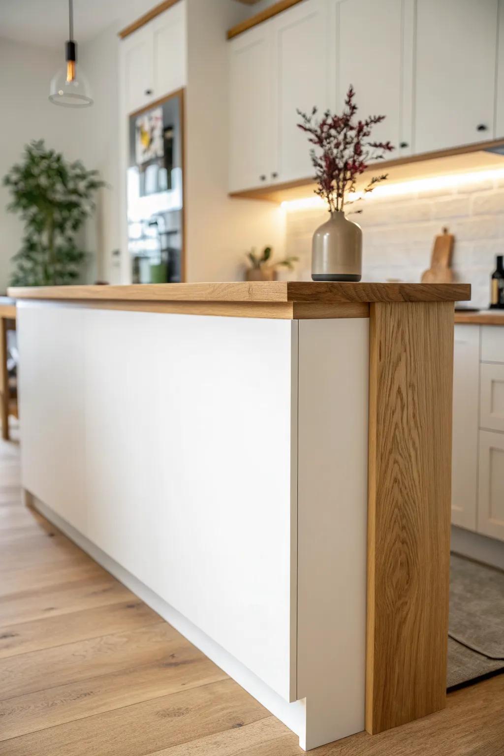 Pony wall divider that hides lower kitchen mess while keeping your small space airy and calm.