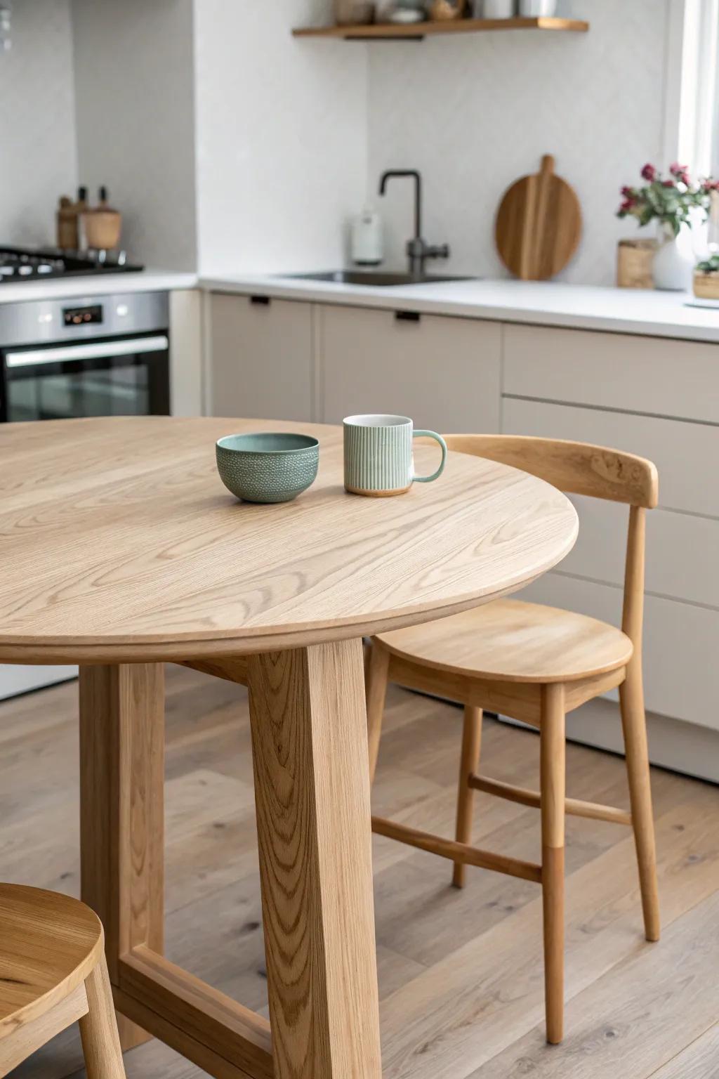 A round table attachment on the island adds softness and easy flow in a small kitchen.